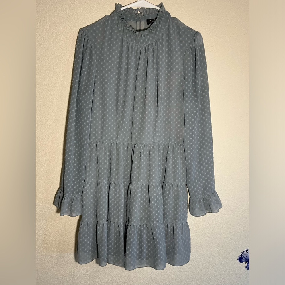 Blue Polka Dot Pattern Long Sleeve Dress